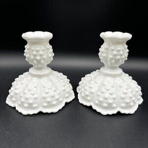 Vintage Fenton Milkglass Hobnail Footed Scalloped Taper Candlestick Holders HTF
